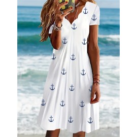 Plus Size Casual Dress, Women's Plus Anchor Print Floral Trim Short Sleeve V Neck Dress