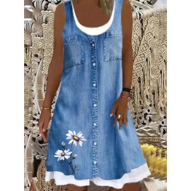 Plus Size Casual Dress, Women's Plus Floral & Denim Print Round Neck Loose Tank Dress