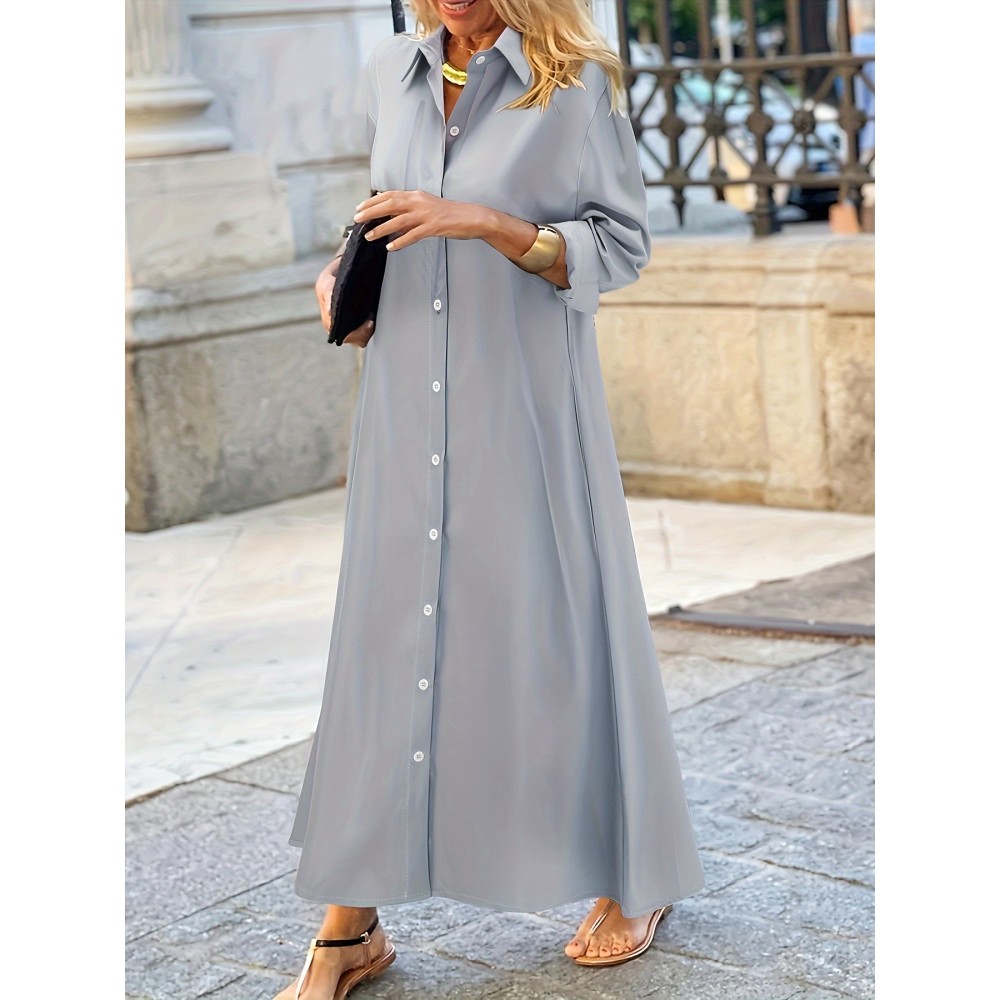 Plus Size Button Front Solid Dress, Casual Polo Collar Long Sleeve Dress, Women's Plus Size Clothing