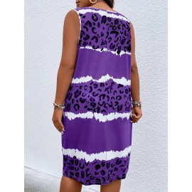 Plus Size Leopard & Irregular Striped Print Dress, Casual Sleeveless Tank Dress For Spring & Summer, Women's Plus Size Clothing