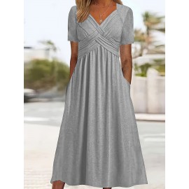 Plus Size Solid V Neck Dress, Casual Criss Cross Short Sleeve Dress For Spring & Summer, Women's Plus Size Clothing