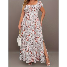 Plus Size Elegant Dress, Women's Plus Floral Print Puff Sleeve Tie Front Square Neck Side Split Maxi Dress