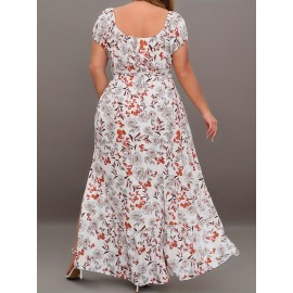 Plus Size Elegant Dress, Women's Plus Floral Print Puff Sleeve Tie Front Square Neck Side Split Maxi Dress