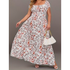 Plus Size Elegant Dress, Women's Plus Floral Print Puff Sleeve Tie Front Square Neck Side Split Maxi Dress