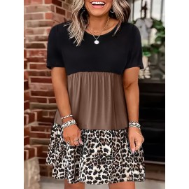 Plus Size Leopard Print Colorblock Dress, Casual Crew Neck Short Sleeve Dress, Women's Plus Size Clothing