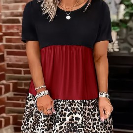 Plus Size Leopard Print Colorblock Dress, Casual Crew Neck Short Sleeve Dress, Women's Plus Size Clothing