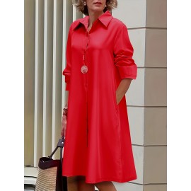 Plus Size Casual Dress, Women's Plus Solid Button Up Long Sleeve Turn Down Collar Shirt Dress