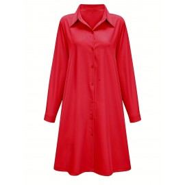 Plus Size Casual Dress, Women's Plus Solid Button Up Long Sleeve Turn Down Collar Shirt Dress