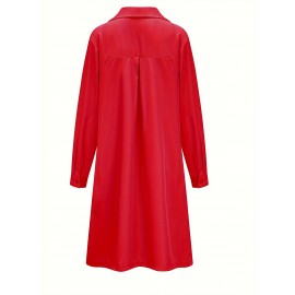 Plus Size Casual Dress, Women's Plus Solid Button Up Long Sleeve Turn Down Collar Shirt Dress