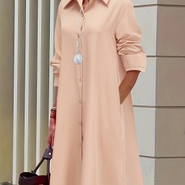 Plus Size Casual Dress, Women's Plus Solid Button Up Long Sleeve Turn Down Collar Shirt Dress