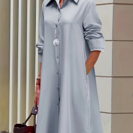 Plus Size Casual Dress, Women's Plus Solid Button Up Long Sleeve Turn Down Collar Shirt Dress