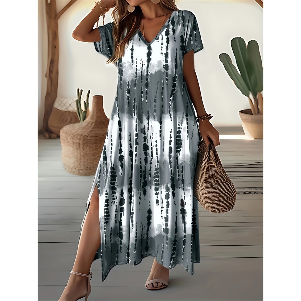 Plus Size Tie Dye Print Split Dress, Casual Short Sleeve V Neck Dress For Spring & Summer, Women's Plus SizeÂ Clothing