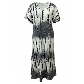 Plus Size Tie Dye Print Split Dress, Casual Short Sleeve V Neck Dress For Spring & Summer, Women's Plus SizeÂ Clothing