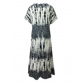 Plus Size Tie Dye Print Split Dress, Casual Short Sleeve V Neck Dress For Spring & Summer, Women's Plus SizeÂ Clothing