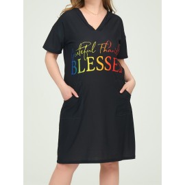 Plus Size Casual Dress, Women's Plus Ombre Letter Print Short Sleeve V Neck Medium Stretch Loose Fit Dress With Pockets