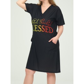 Plus Size Casual Dress, Women's Plus Ombre Letter Print Short Sleeve V Neck Medium Stretch Loose Fit Dress With Pockets