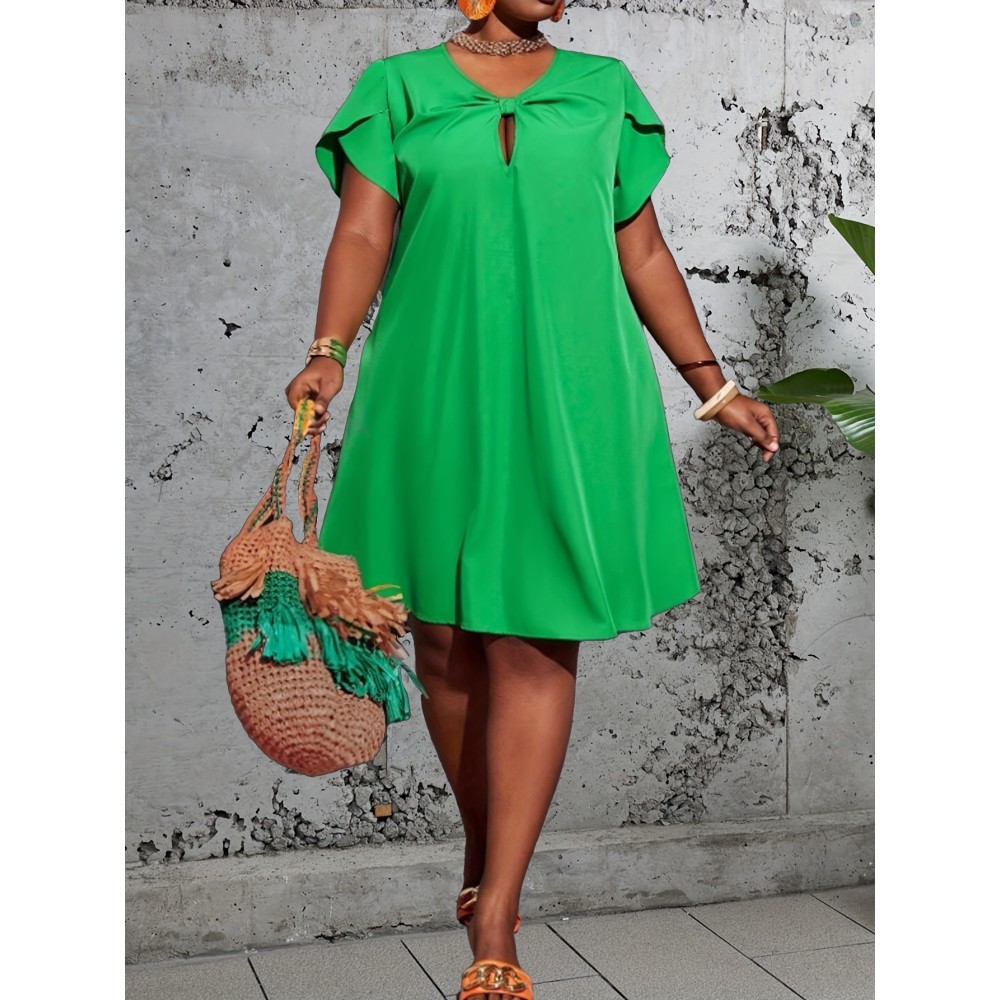 Plus Size Solid Keyhole Knot Dress, Elegant Petal Sleeve Loose Dress For Spring & Summer, Women's Plus Size Clothing