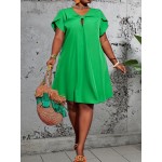 Plus Size Solid Keyhole Knot Dress, Elegant Petal Sleeve Loose Dress For Spring & Summer, Women's Plus Size Clothing