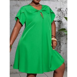 Plus Size Solid Keyhole Knot Dress, Elegant Petal Sleeve Loose Dress For Spring & Summer, Women's Plus Size Clothing