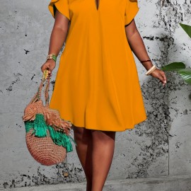 Plus Size Solid Keyhole Knot Dress, Elegant Petal Sleeve Loose Dress For Spring & Summer, Women's Plus Size Clothing