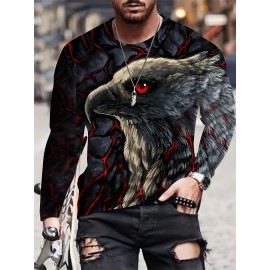 Unique Eagle Pattern Print, Men's Graphic Design Crew Neck Active T-shirt, Casual Comfy Long Sleeve Tshirts, Men's Clothing Tops For Daily Gym Workout Running