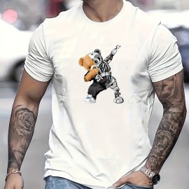 Men's Casual Street Style Robot Bear Pattern T-shirt - Stretch Round Neck Tee Shirt for Summer