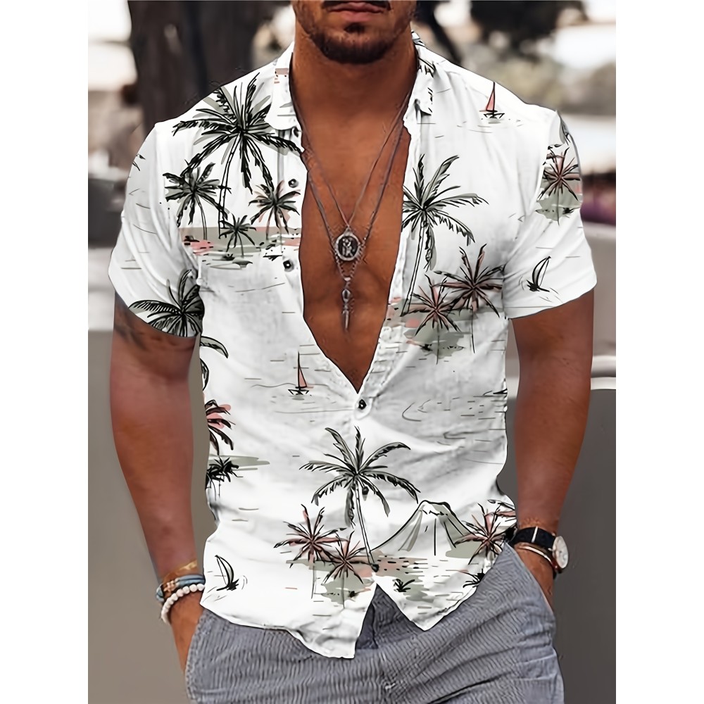 Men's Coconut Tree Print Camp Collar Bowling Shirt - Short Sleeve Summer Casual Button Up