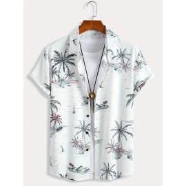 Men's Coconut Tree Print Camp Collar Bowling Shirt - Short Sleeve Summer Casual Button Up