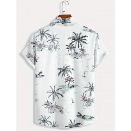 Men's Coconut Tree Print Camp Collar Bowling Shirt - Short Sleeve Summer Casual Button Up