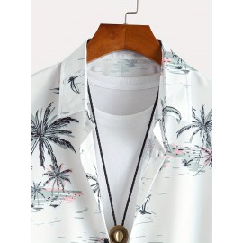 Men's Coconut Tree Print Camp Collar Bowling Shirt - Short Sleeve Summer Casual Button Up