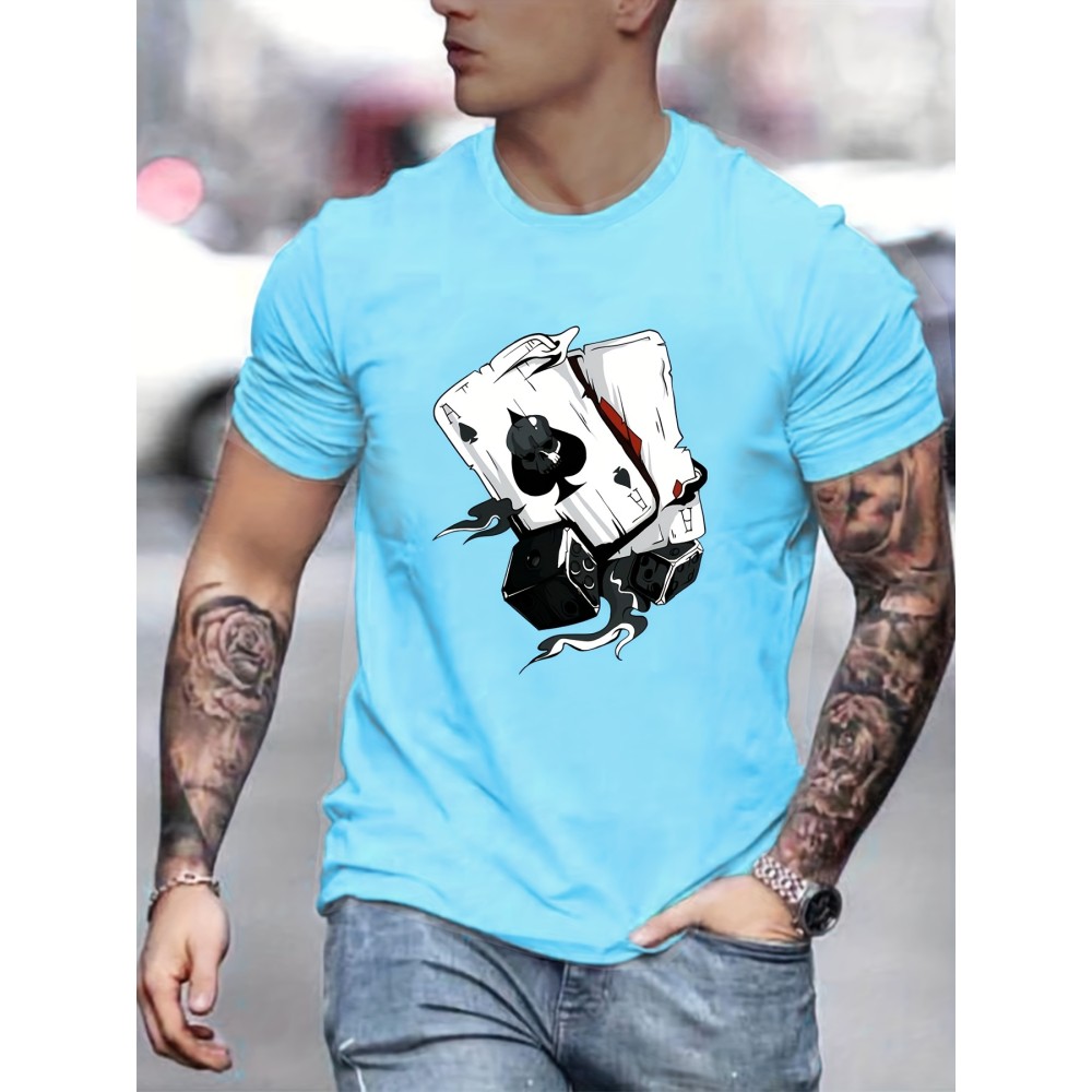 Poker Dice Print, Men's Graphic T-shirt, Casual Comfy Tees For Summer