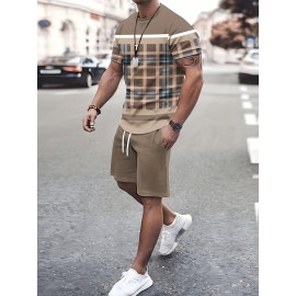 2-piece Men's Casual Summer Vacation Outfit Set, Men's Color Block Short Sleeve T-shirt & Solid Drawstring Shorts With Pockets