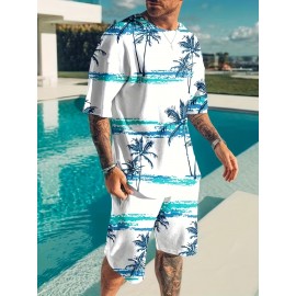 2pcs Men's Coconut Tree Print Casual Crew Neck Short Sleeve T-shirt and Shorts Set for Summer Vacation and Workout