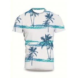 2pcs Men's Coconut Tree Print Casual Crew Neck Short Sleeve T-shirt and Shorts Set for Summer Vacation and Workout