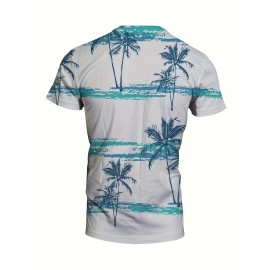 2pcs Men's Coconut Tree Print Casual Crew Neck Short Sleeve T-shirt and Shorts Set for Summer Vacation and Workout