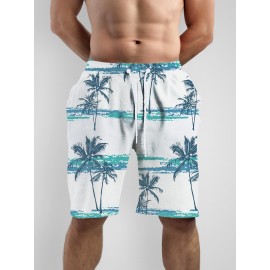 2pcs Men's Coconut Tree Print Casual Crew Neck Short Sleeve T-shirt and Shorts Set for Summer Vacation and Workout