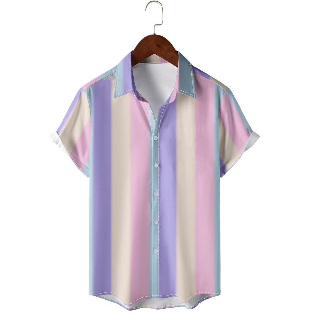 Pastel Colors Stripes Print, Menâ€™s Button Up Short Sleeve Shirt Regular Fit For Beach Summer