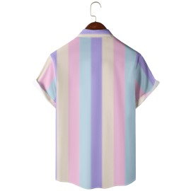 Pastel Colors Stripes Print, Menâ€™s Button Up Short Sleeve Shirt Regular Fit For Beach Summer