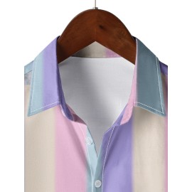 Pastel Colors Stripes Print, Menâ€™s Button Up Short Sleeve Shirt Regular Fit For Beach Summer