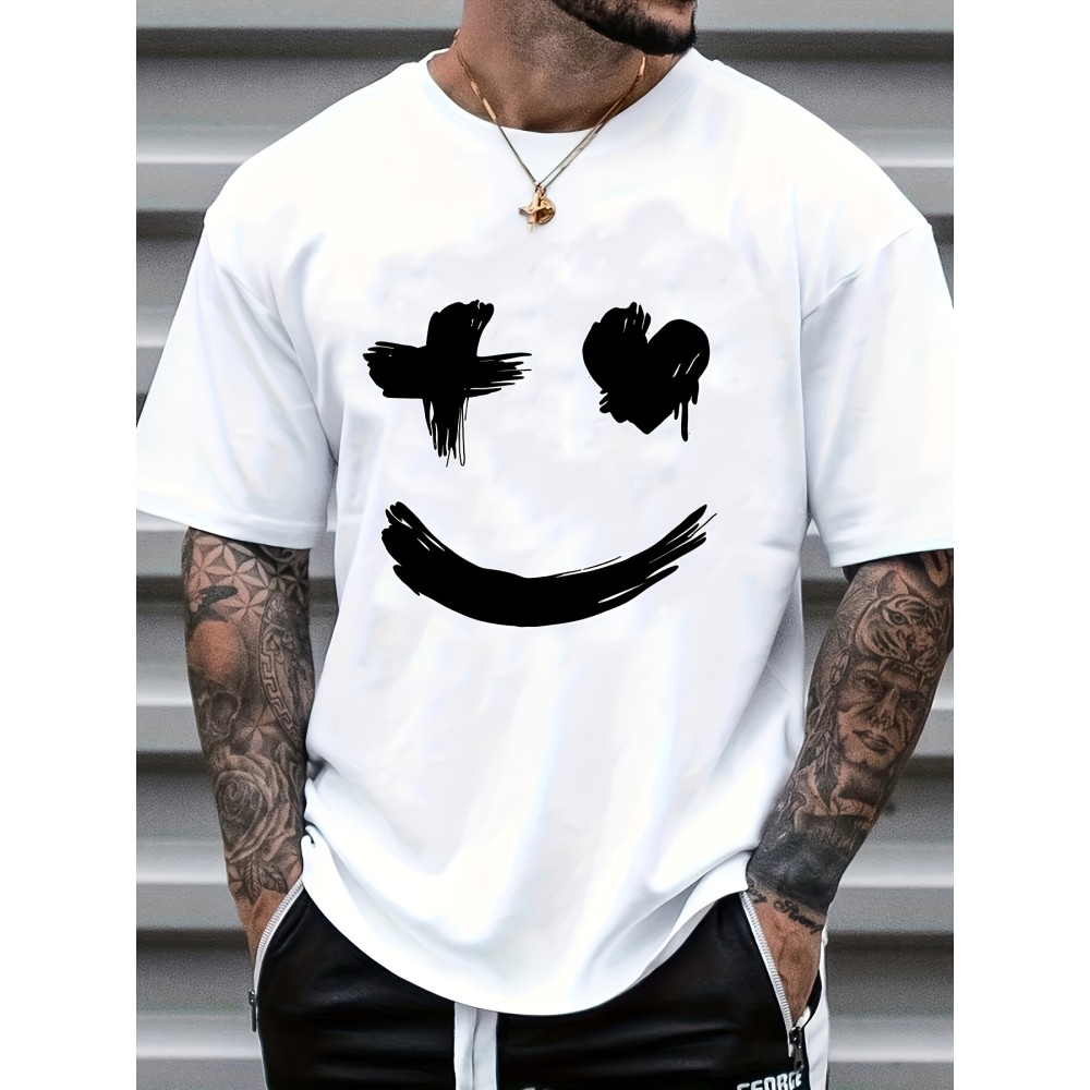 Men's Casual Trendy Smile Graphic Print Comfortable Crew Neck Short Sleeve T-shirts, Summer Top Tees