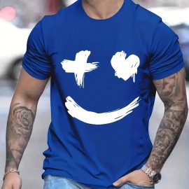 Men's Casual Trendy Smile Graphic Print Comfortable Crew Neck Short Sleeve T-shirts, Summer Top Tees