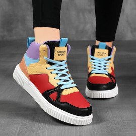 Women's Colorblock Casual Sneakers, Lace Up Platform Soft Sole Walking Skate Shoes, High-top Comfort Sporty Trainers