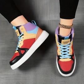 Women's Colorblock Casual Sneakers, Lace Up Platform Soft Sole Walking Skate Shoes, High-top Comfort Sporty Trainers