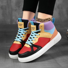 Women's Colorblock Casual Sneakers, Lace Up Platform Soft Sole Walking Skate Shoes, High-top Comfort Sporty Trainers