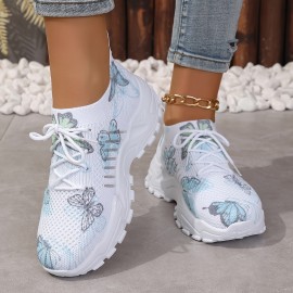 Women's Butterfly Pattern Sneakers, Casual Lace Up Outdoor Shoes, Breathable Knit Low Top Shoes