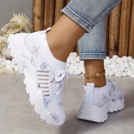 Women's Butterfly Pattern Sneakers, Casual Lace Up Outdoor Shoes, Breathable Knit Low Top Shoes