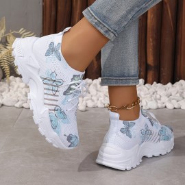 Women's Butterfly Pattern Sneakers, Casual Lace Up Outdoor Shoes, Breathable Knit Low Top Shoes