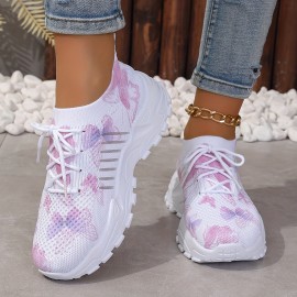 Women's Butterfly Pattern Sneakers, Casual Lace Up Outdoor Shoes, Breathable Knit Low Top Shoes