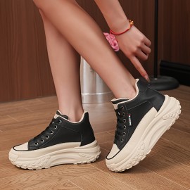 Women's Solid Color Casual Sneakers, Lace Up Soft Sole Platform Walking Shoes, Low-top Running Canvas Shoes