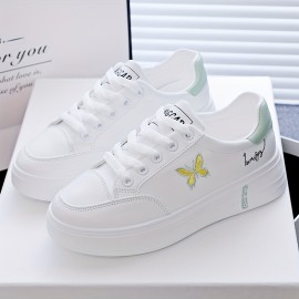 Women's Butterfly Print Casual Sneakers, Lace Up Platform Soft Sole Walking Skate Shoes, Low-top Comfort White Trainers